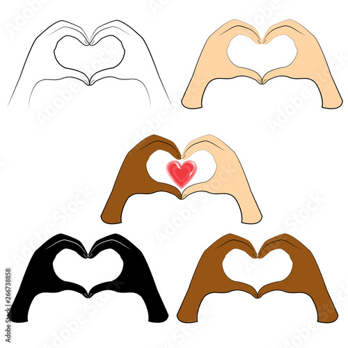 Collection. Human hands are folded in the shape of a heart and a red heart. People of different nationalities. Valentine s Day. Vector illustration set