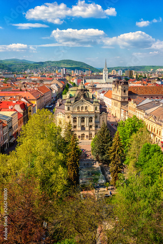 Top view of Main street (Hlavna ulica) of Kosice Old city from St. Elisabeth Cathedral, with State theatre Košice (Statne divadlo) and medieval architecture, Slovakia (Slovensko), vertical image