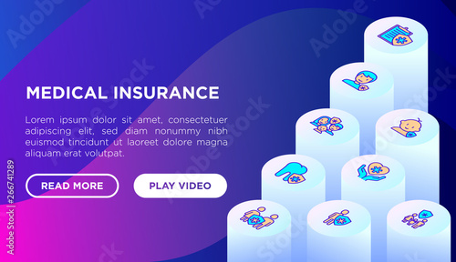 Medical insurance web page template with thin line isometric icons: policy, life insurance, psychological support, maternity program, 24/7 support, mobile app, telemedicine. Vector illustration.