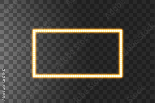 Shining yellow led vector rectangle frames, neon illumination on transparent background. Glowing decorative rectangle tapes of diode ecological lamps light effect for banners, web-sites