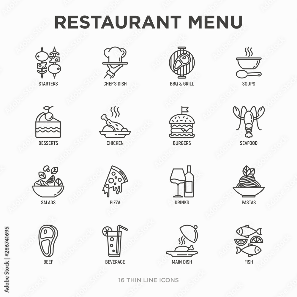 Restaurant menu thin line icons set: starters, chef dish, BBQ, soup, beef,  steak, beverage, fish, salad, pizza, wine, seafood, burger. Modern vector  illustration. Stock Vector