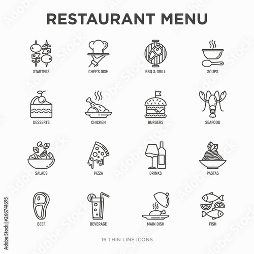 Restaurant menu thin line icons set: starters, chef dish, BBQ, soup, beef, steak, beverage, fish, salad, pizza, wine, seafood, burger. Modern vector illustration.