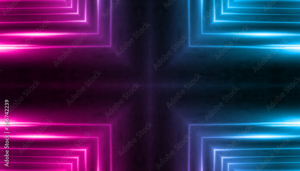 Dark abstract futuristic background. Neon lines, glow. Neon lines, shapes. Pink and blue glow Dark abstract futuristic background. Neon lines, glow. Neon lines, shapes. Pink and blue glow