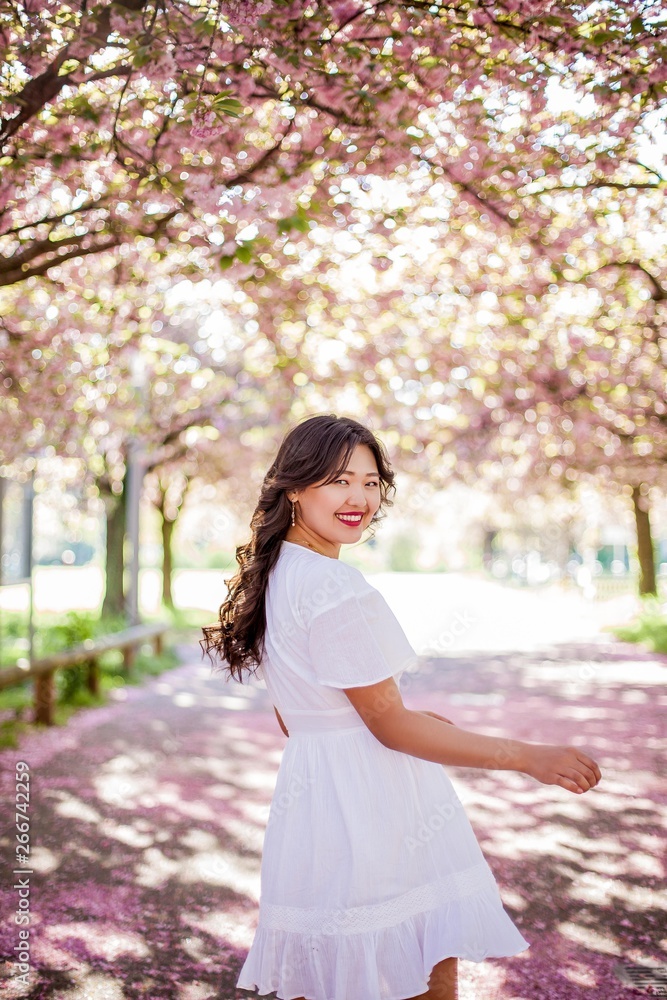 A young beautiful Asian woman in a white dress walks in a flowered park. Sakura. Blooming trees. A young beautiful Asian woman in a white dress walks in a flowered park. Sakura. Blooming trees.
