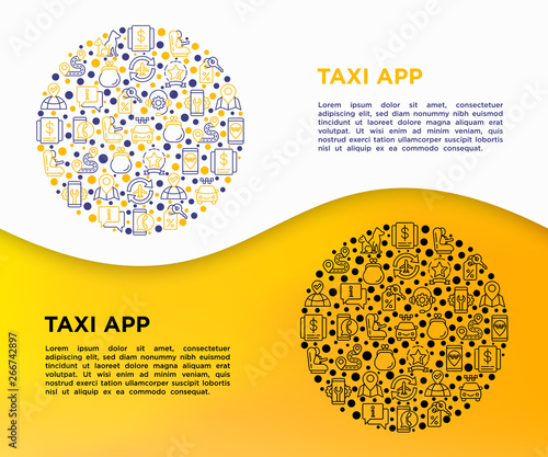 Taxi app concept in circle with thin line icons: payment method, promocode, app settings, info, support service, pointer, airport transfer, baby seat. Vector illustration for print media.