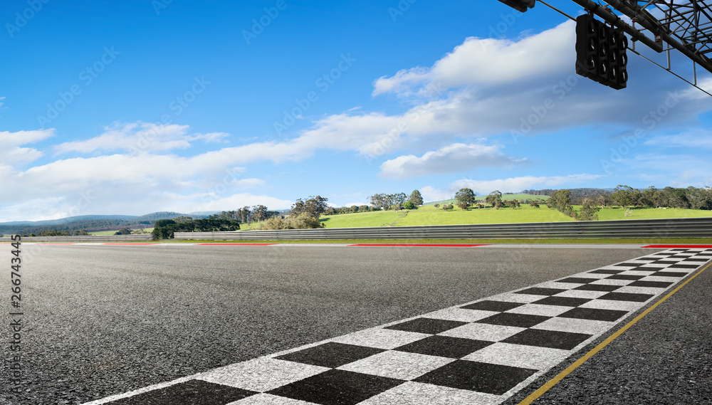 Wide angle view empty asphalt international race track with start and ...