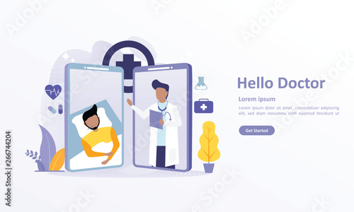 Online Doctor Concept with video conferencing people consultation to the doctor via smartphone. Suitable for web landing page, ui, mobile app, banner template. Vector Illustration 