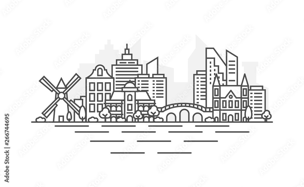 Amsterdam, Netherlands architecture line skyline illustration. Linear vector cityscape with famous landmarks, city sights, design icons. Landscape with editable strokes.