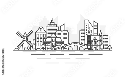 Amsterdam, Netherlands architecture line skyline illustration. Linear vector cityscape with famous landmarks, city sights, design icons. Landscape with editable strokes.