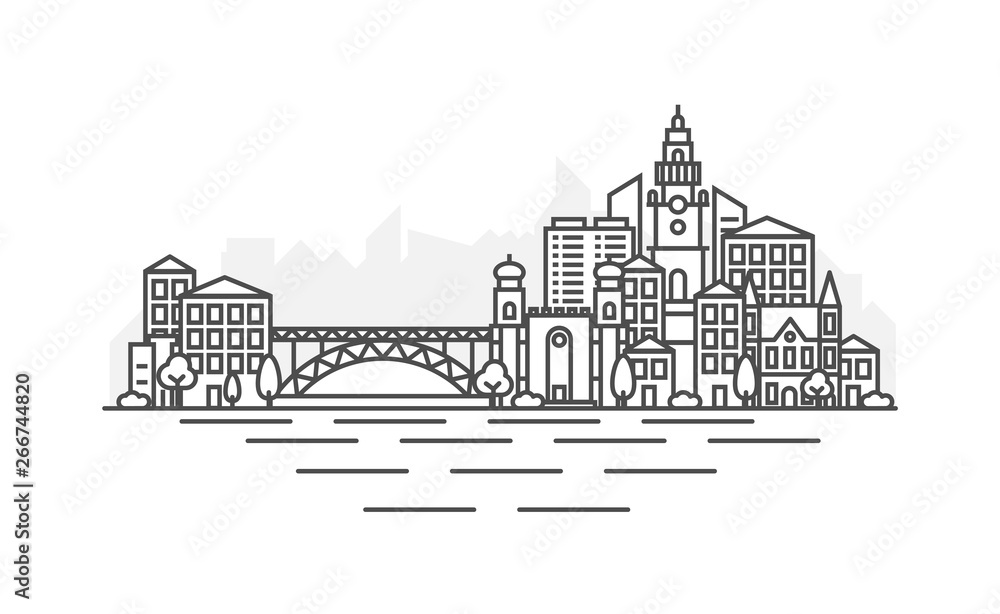Portugal, Porto architecture line skyline illustration. Linear vector cityscape with famous landmarks, city sights, design icons. Landscape with editable strokes.