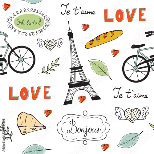 Paris seamless pattern. Eiffel tower, wine glass, baguette and other symbols in one stylish background.