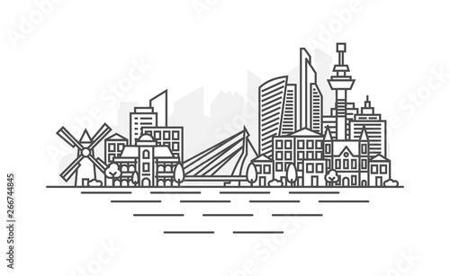 Rotterdam, Netherlands architecture line skyline illustration. Linear vector cityscape with famous landmarks, city sights, design icons. Landscape with editable strokes.