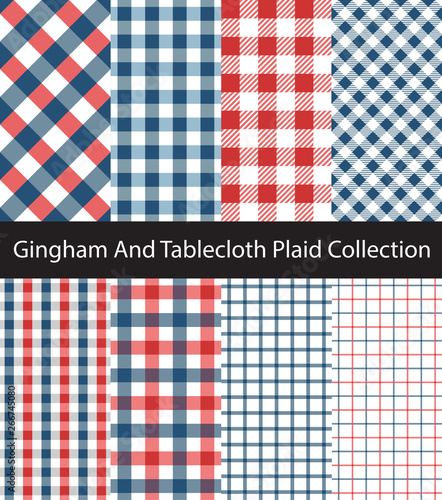 Collection of Blue and Red Gingham / Tablecloth patterns. Seamless checkered and square texture backgrounds.