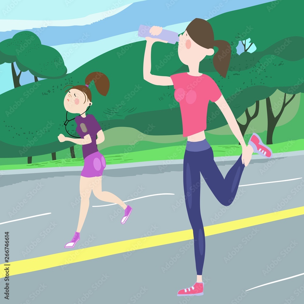 Young girl exercising outdoors, drinking water from a bottle while jogging, morning jogging, jogging by the park, marathon, active healthy lifestyle, cartoon characters, color illustration in vector