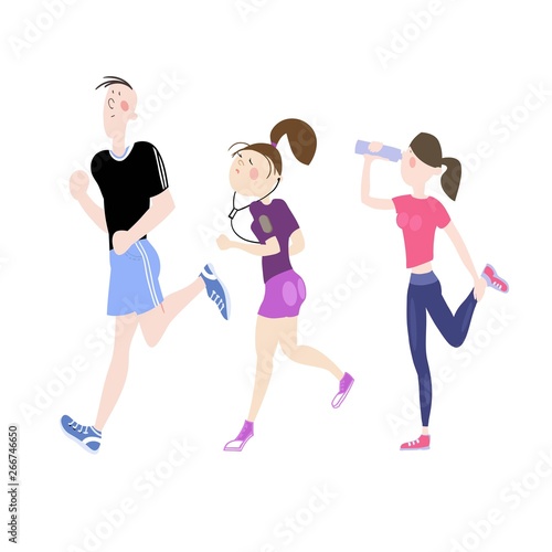 Fototapeta Naklejka Na Ścianę i Meble -  Young people, a guy and a girl, train outdoors, morning jogging, jogging by the park, marathon, active healthy lifestyle, cartoon characters, color illustration in vector