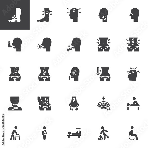 Health conditions and diseases vector icons set, modern solid symbol collection, filled style pictogram pack. Signs, logo illustration. Set includes icons as chronic pain, headache, cough, allergy