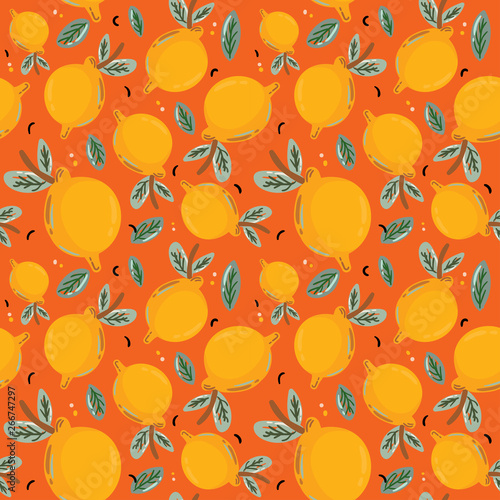 Summer tropical seamless pattern with beautiful yellow lemons. Fruit repeated background. Hand drawn scandinavian style. Vector. Good for textile, fabric design, wrapping paper, wallpaper, backdrop