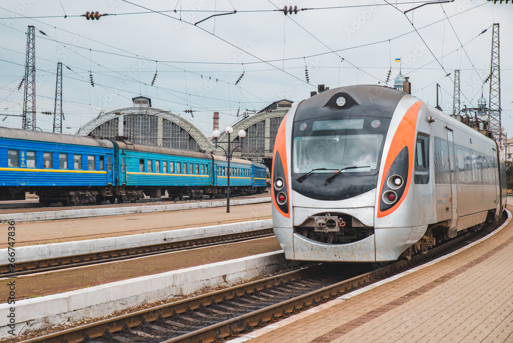 train at railway station. platform train at railway station. platform