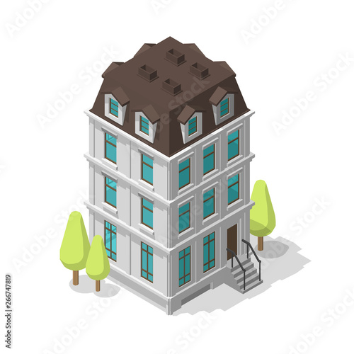 One single common building. Residential dwelling-house. Two-storey mansion. Classic style architecture. Vector Isometric illustration.