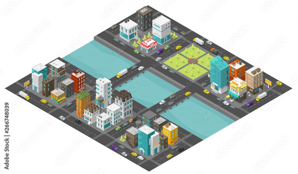Isometric big city and bridge over river. Two bridges. Town district street. Cars traffic end buildings. Cityscape infrastructure. Urban low poly. Vector illustration. Isometric big city and bridge over river. Two bridges. Town district street. Cars traffic end buildings. Cityscape infrastructure. Urban low poly. Vector illustration.