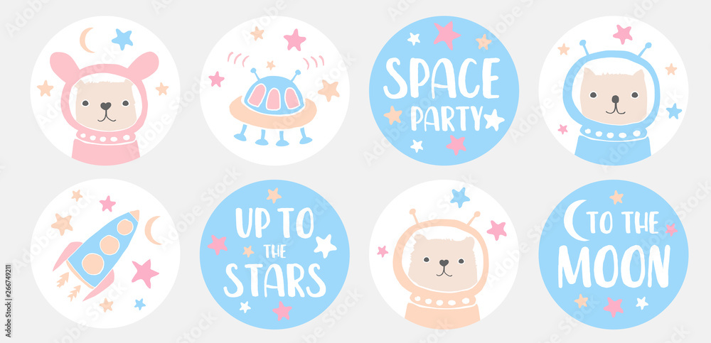 Space Party Candy Round Shape Vector Graphics for Candy Bar Toppers, Tags, Stickers, Card, Invitation. Funny Bunny, Cute Cat and Ltlle Bear Astronauts.Alien Speceship, Rocket and Pink and Blue Stars.