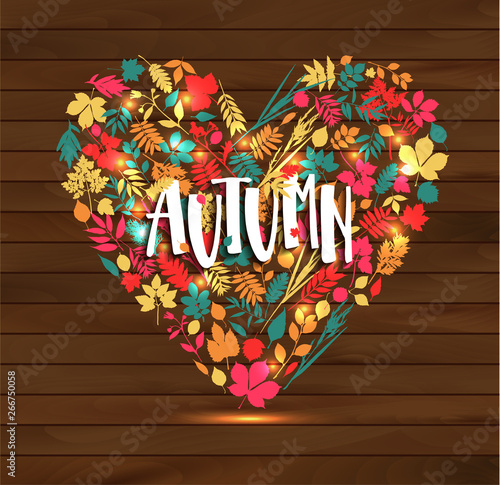 Autumn leaf poster. Orange leaves of maple, september foliage , placed in frame with text Autumn for fall nature season greeting card or banner design.
