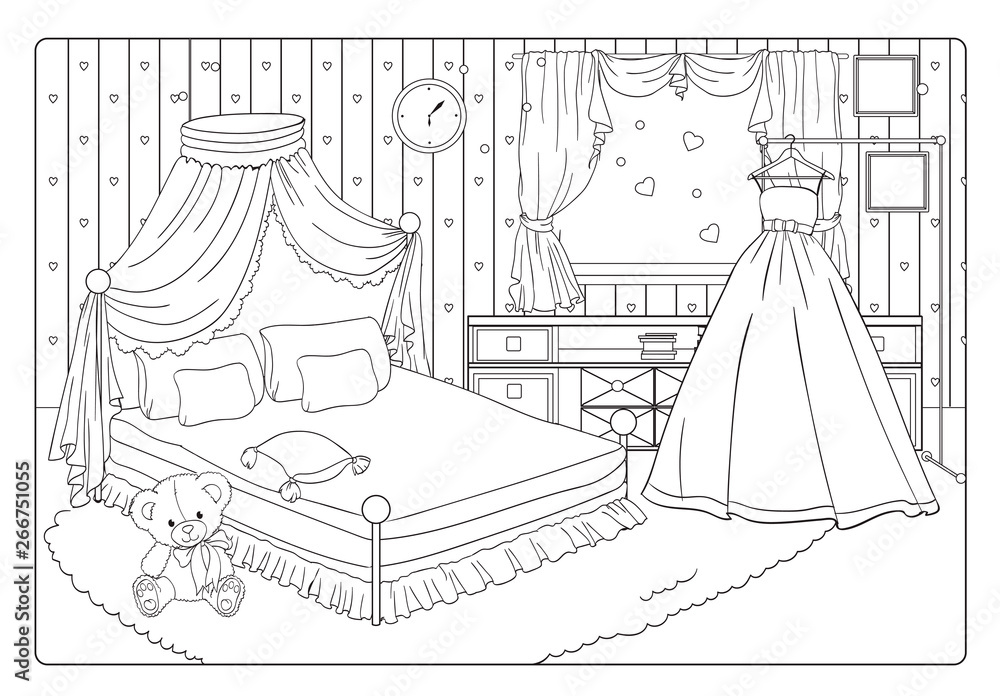 Картинки для спальни распечатать Coloring Book Romantic Bride Or Princess Room Векторный объект Stock Adobe Stock