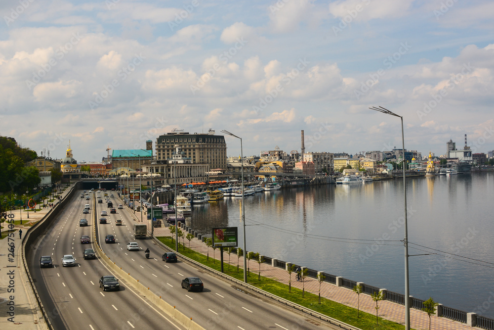 view of Dnipro embankment, Kyiv Ukraine