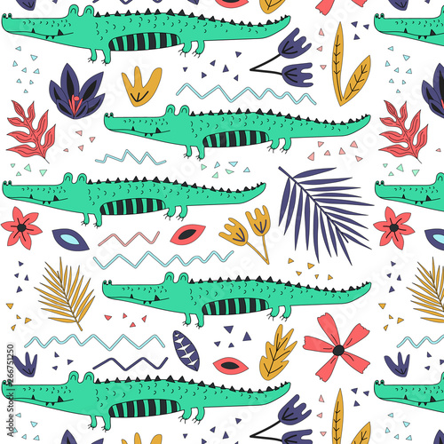 Hand drawn seamless background with crocodiles and flowers.Pattern with cute design. Scandinavian style design. Vector illustration