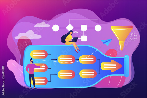 Tiny business people at bottle looking for system least capacity. Bottleneck analysis, bottlenecking control, workflow improvement concept. Bright vibrant violet vector isolated illustration
