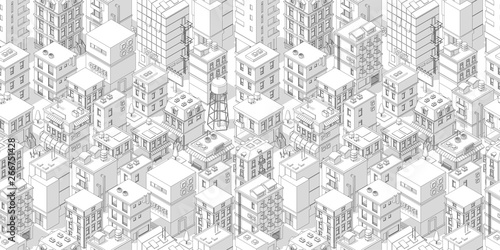 Buildings city seamless pattern. Roofs white light background. Isometric top view. Vector illustration stock. Gray lines outline contour style.