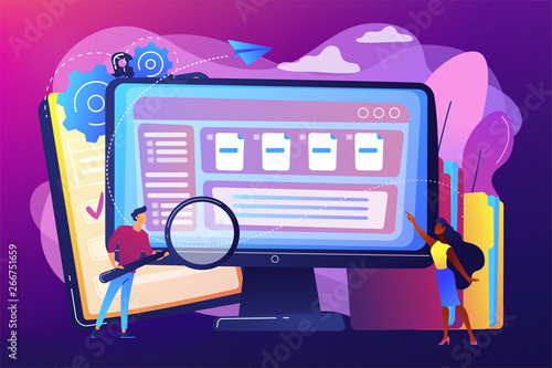Tiny business people with magnifier work with document management on computer. Document management soft, document flow app, compound docs concept. Bright vibrant violet vector isolated illustration
