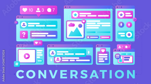 Vector illustration of a social media communication concept. The word conversation with colorful cross-platform browser windows.