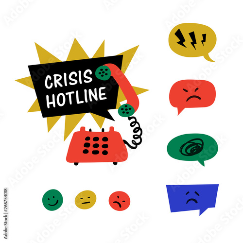 Psychology. Crisis hotline, Support call, psychological help. Yellow hand drawn phone with rad and blue speech bubble. Doodle style flat vector illustration.