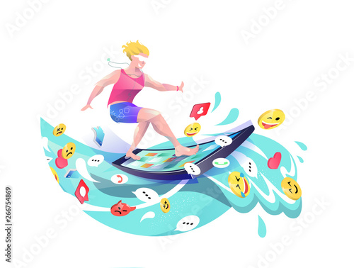 Concept in flat style with man surfing through internet.