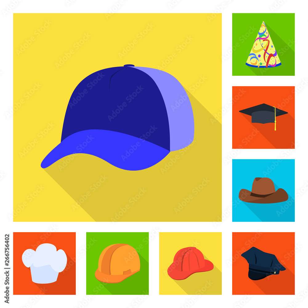 Vector illustration of fashion and profession icon. Set of fashion and cap vector icon for stock. Vector illustration of fashion and profession icon. Set of fashion and cap vector icon for stock.