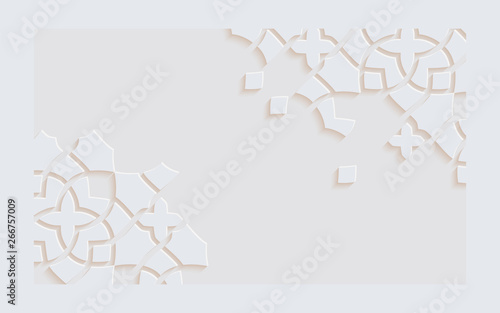 Islamic arabesque design greeting card for Ramadan Kareem,Arabic ornamental monochrome detail of mosaic isolated on a light background