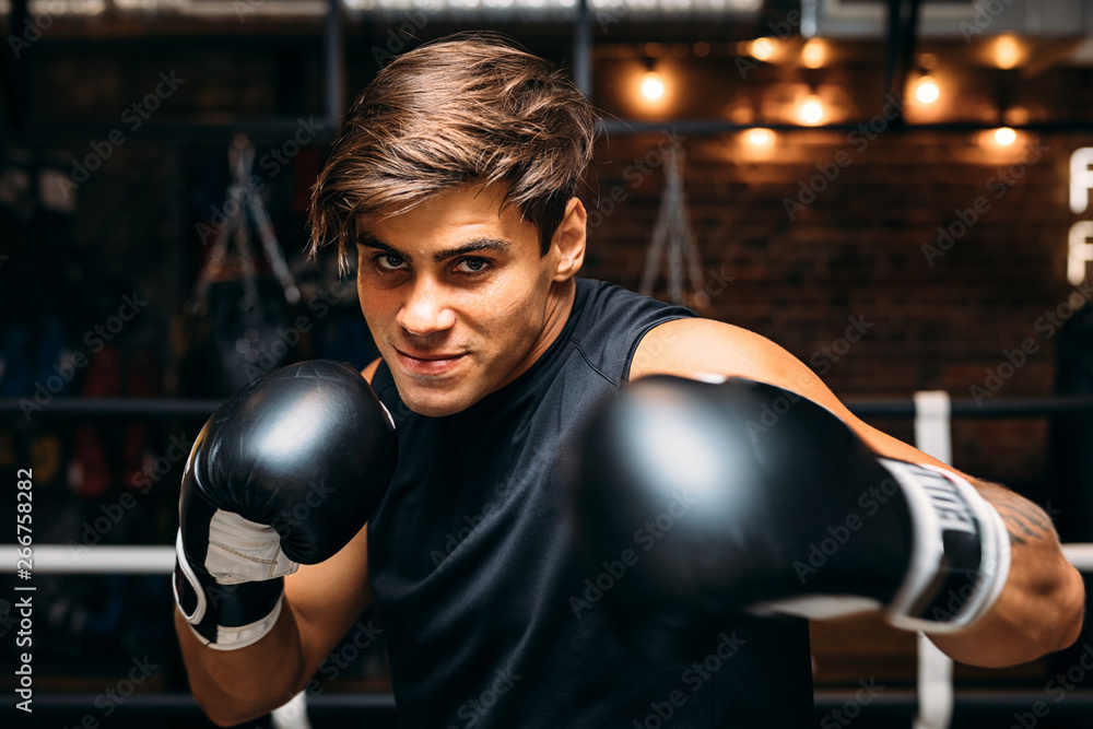 Close up of a young male boxer with boxing gloves punching towards camera