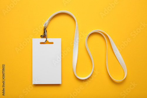 Job identity name tag on yellow background, badge and lanyard. Staff identity card.