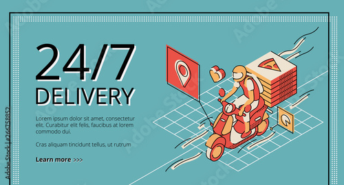 Delivery service 24 7 landing page on retro colored background. Courier riding scooter with pizza boxes. Noctidial food shipping online application. Isometric 3d vector illustration, line art, banner.