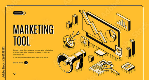 Marketing e-commerce, data analysis tool isometric web banner. Digital business content, column charts on computer screen. Social media network, internet technology. 3d vector landing page, line art