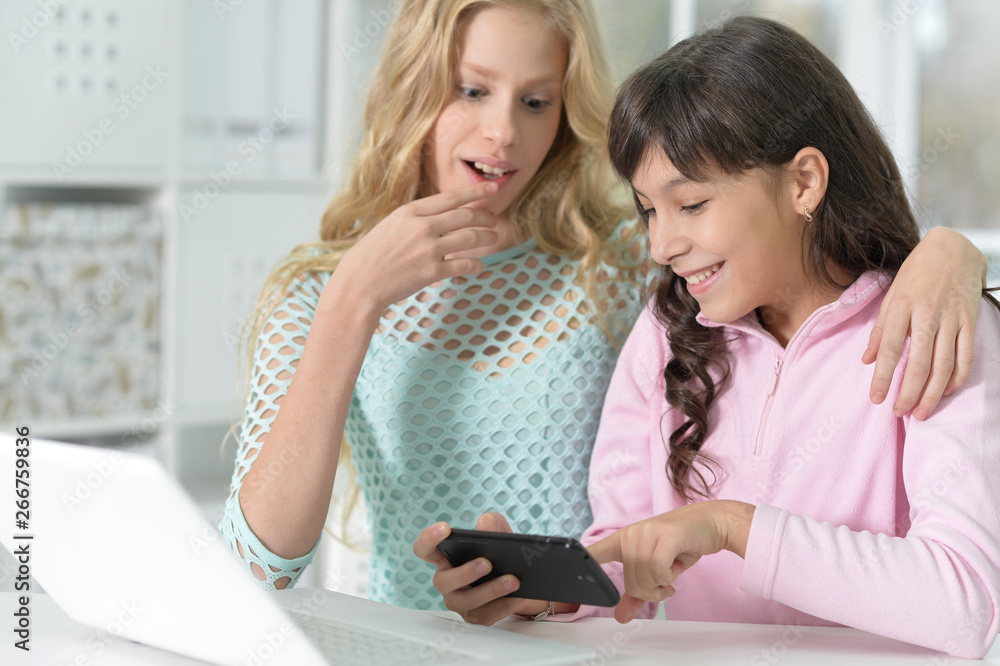 Portrait of two girls with phone and laptop Portrait of two girls with phone and laptop