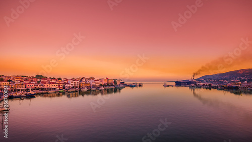 Mytilene Greece -Amazing view of the port and the city of Mytilene at sunset.Mytilene is the capital and port of the island of Lesvos and also the biggest island of the North Aegean.