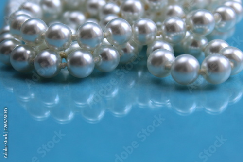 White pearl necklace lying on a blue background
