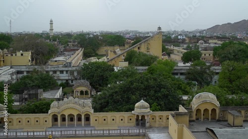 A collection of nineteen architectural astronomical instruments built by the Rajput king Sawai Jai Singh II, and completed in 1734. Rajasthan. View from rooftop. Handheld. photo