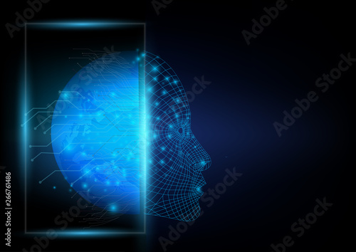 Abstract futuristic on the two sides between a digital world communication and an artificial intelligence robotic face.