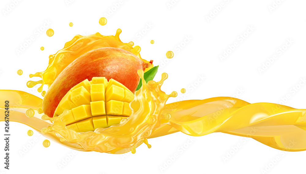 Fresh ripe mango, slice and mango juice splash wave. Healthy food or