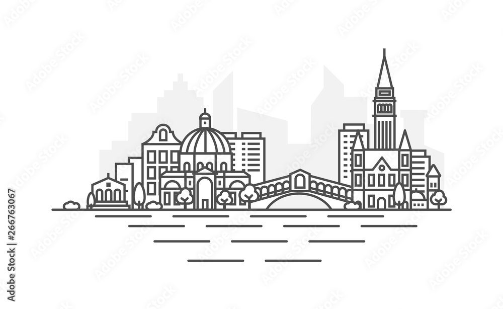 Venice, Italy architecture line skyline illustration. Linear vector cityscape with famous landmarks, city sights, design icons. Landscape with editable strokes.