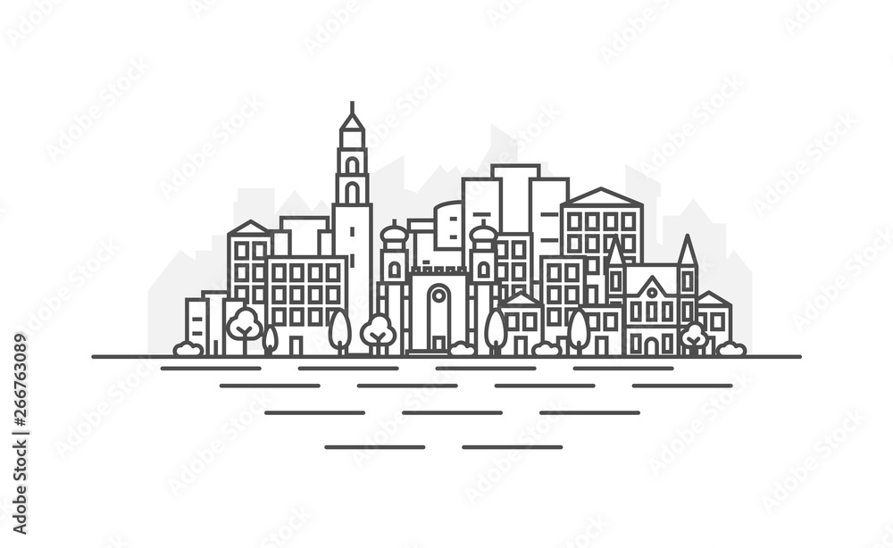 Israel, Jaffa in Tel Aviv city architecture line skyline illustration. Linear vector cityscape with famous landmarks, city sights, design icons. Landscape with editable strokes.