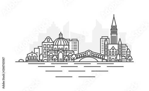 Venice, Italy architecture line skyline illustration. Linear vector cityscape with famous landmarks, city sights, design icons. Landscape with editable strokes.
